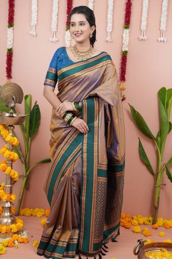 Beige floral, zari work soft silk saree with blouse