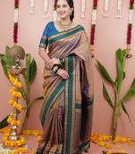 Beige floral, zari work soft silk saree with blouse