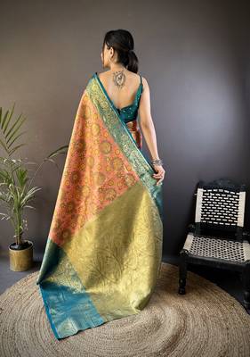 Pink teal floral zari woven tissue silk blend saree with blouse 4