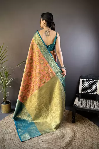 Pink, teal floral, zari woven kanjivaram tissue silk saree with blouse