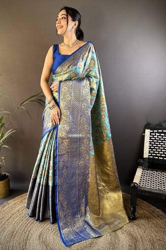 Sky blue floral, zari woven kanjivaram tissue silk saree with blouse
