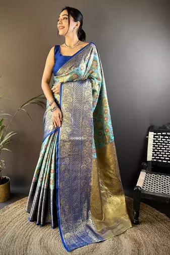 Sky blue floral, zari woven kanjivaram tissue silk saree with blouse
