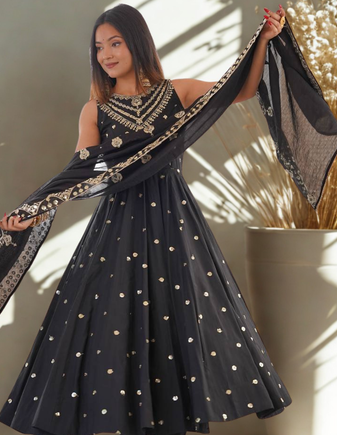 Black Sleeveless Silk Gown Embroidery Sequence work With Pant and Dupatta 3pc set