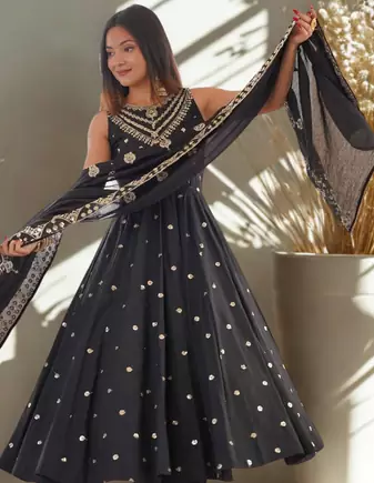 Black Sleeveless Silk Gown Embroidery Sequence work With Pant and Dupatta 3pc set