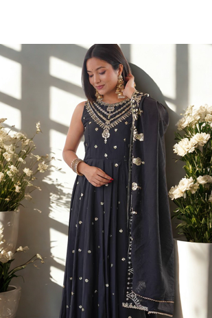 Black Sleeveless Silk Gown Embroidery Sequence work With Pant and Dupatta 3pc set 2