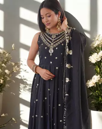 Black Sleeveless Silk Gown Embroidery Sequence work With Pant and Dupatta 3pc set