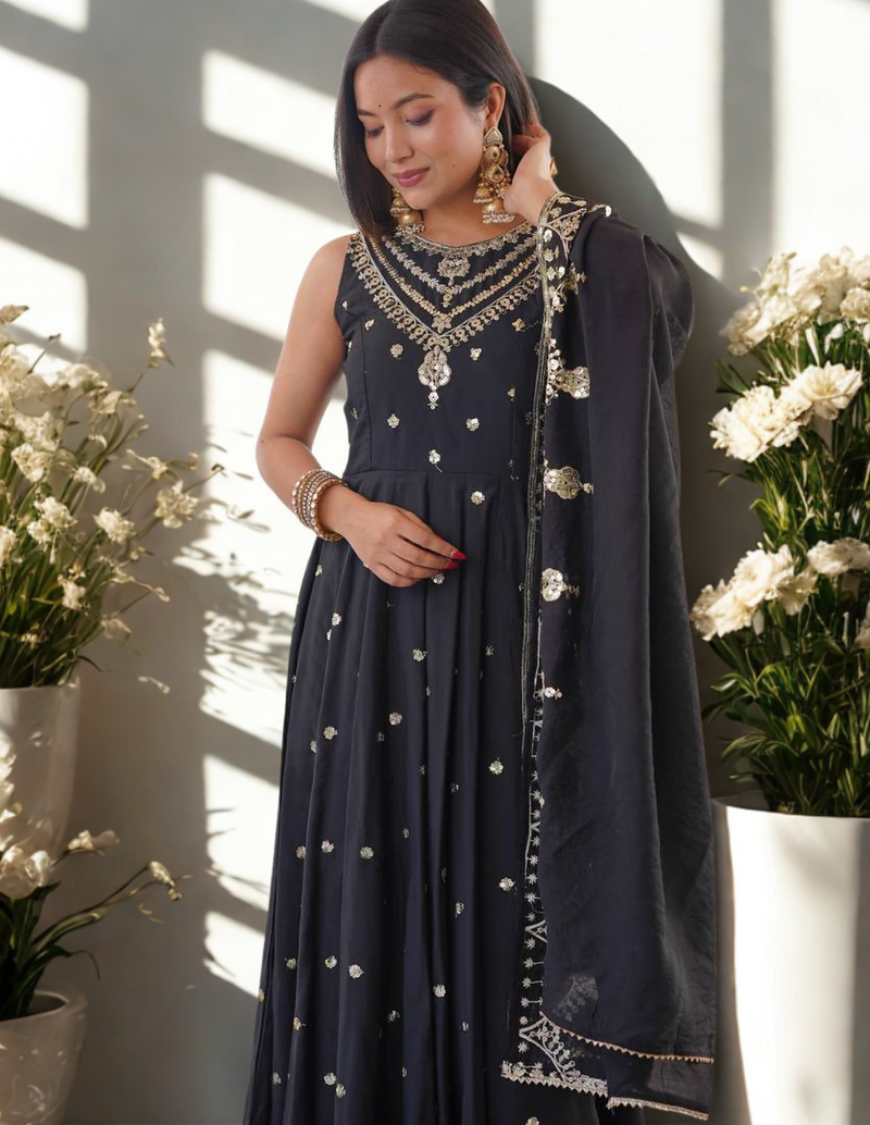 Black Sleeveless Silk Gown Embroidery Sequence work With Pant and Dupatta 3pc set