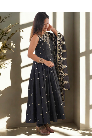 Black Sleeveless Silk Gown Embroidery Sequence work With Pant and Dupatta 3pc set 3