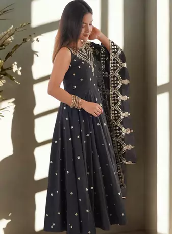 Black Sleeveless Silk Gown Embroidery Sequence work With Pant and Dupatta 3pc set