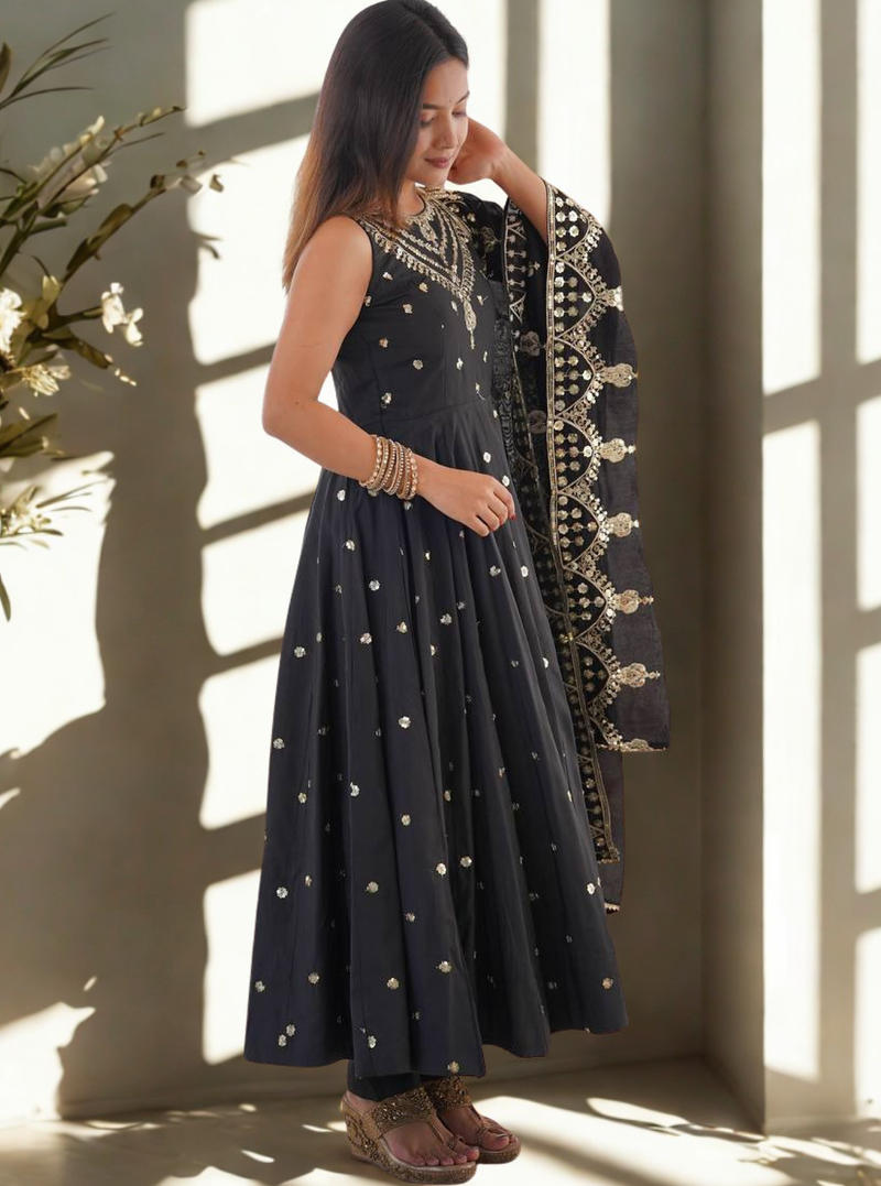 Black Sleeveless Silk Gown Embroidery Sequence work With Pant and Dupatta 3pc set