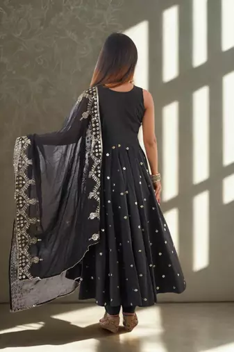 Black Sleeveless Silk Gown Embroidery Sequence work With Pant and Dupatta 3pc set