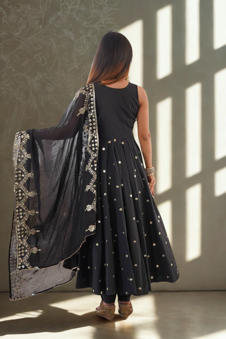 Black Sleeveless Silk Gown Embroidery Sequence work With Pant and Dupatta 3pc set