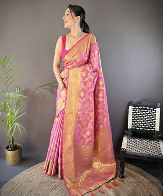 Light pink floral zari woven banarasi silk blend saree with blouse 1