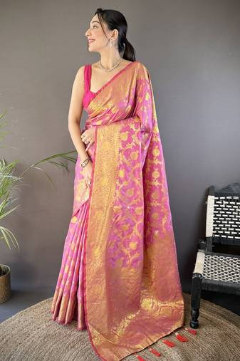 Light pink floral, zari woven banarasi silk saree with blouse
