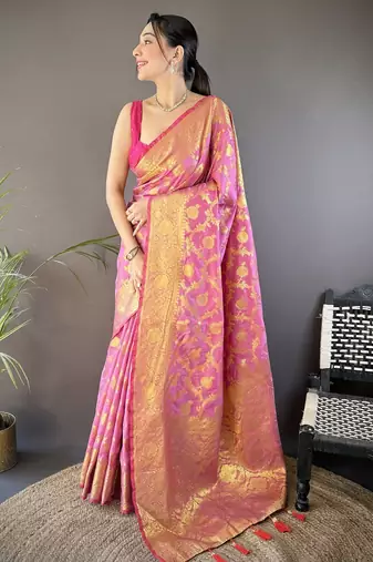 Light pink floral, zari woven banarasi silk saree with blouse