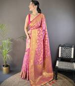 Light pink floral, zari woven banarasi silk saree with blouse