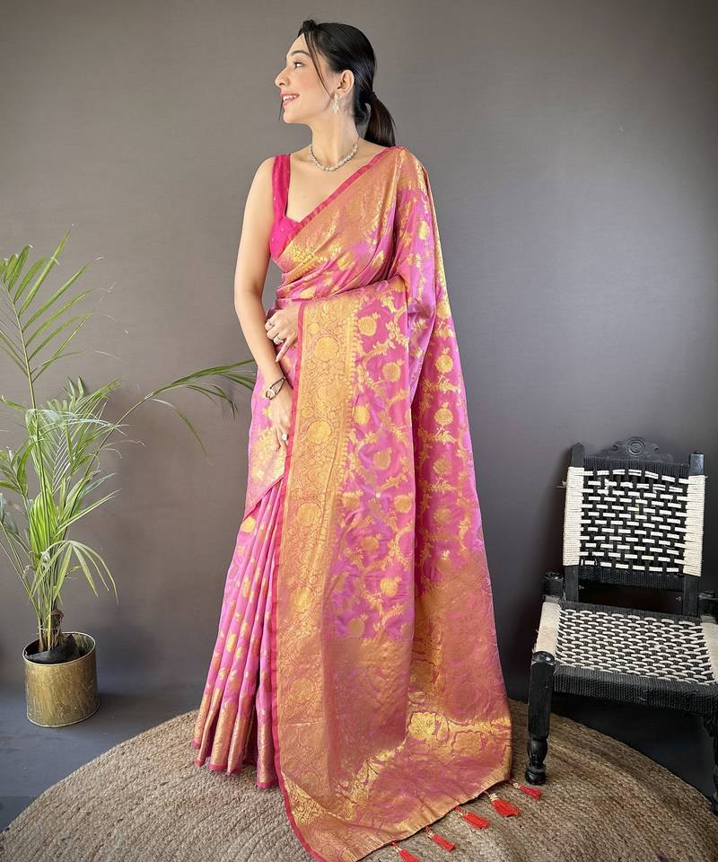 Light pink floral, zari woven banarasi silk saree with blouse