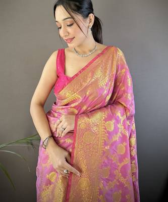 Light pink floral zari woven banarasi silk blend saree with blouse 2