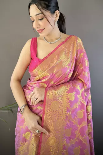 Light pink floral, zari woven banarasi silk saree with blouse