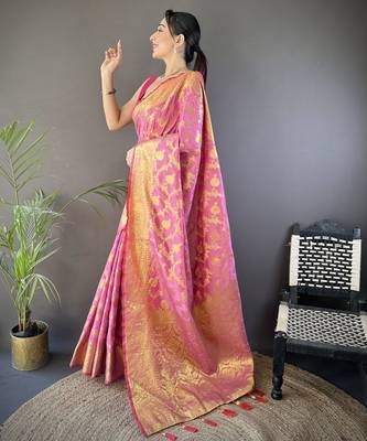 Light pink floral zari woven banarasi silk blend saree with blouse 3
