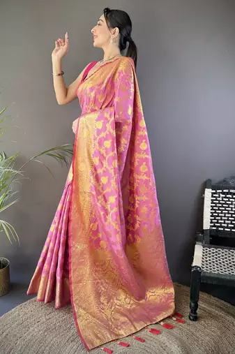 Light pink floral, zari woven banarasi silk saree with blouse