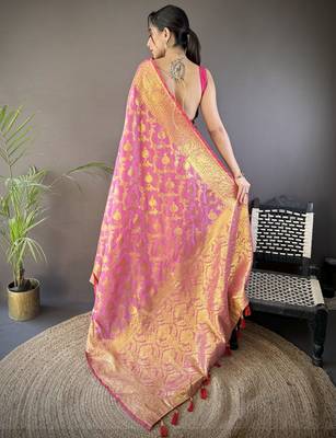 Light pink floral zari woven banarasi silk blend saree with blouse 4