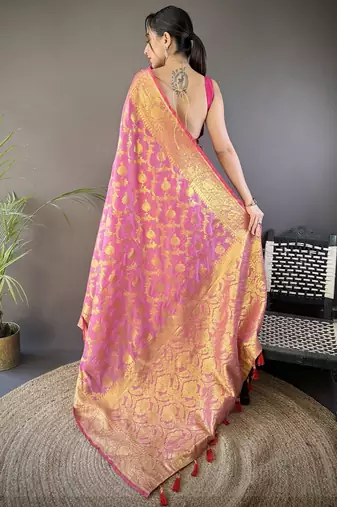 Light pink floral, zari woven banarasi silk saree with blouse