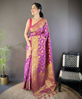 Purple floral zari woven banarasi silk blend saree with blouse 1