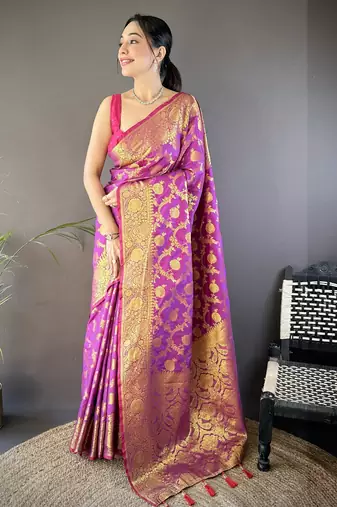 Purple floral, zari woven banarasi silk saree with blouse