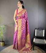 Purple floral, zari woven banarasi silk saree with blouse