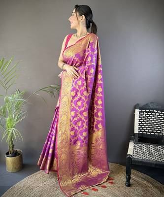Purple floral zari woven banarasi silk blend saree with blouse 3