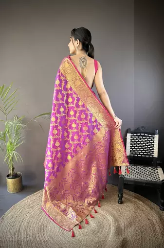 Purple floral, zari woven banarasi silk saree with blouse