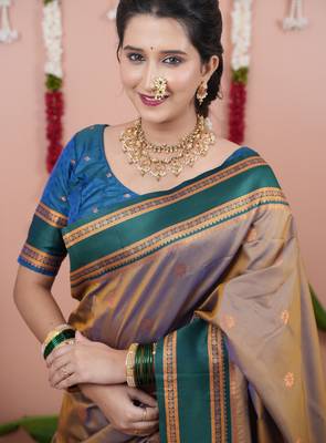Beige floral, zari work soft silk saree with blouse 2