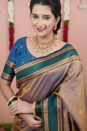 Beige floral, zari work soft silk saree with blouse