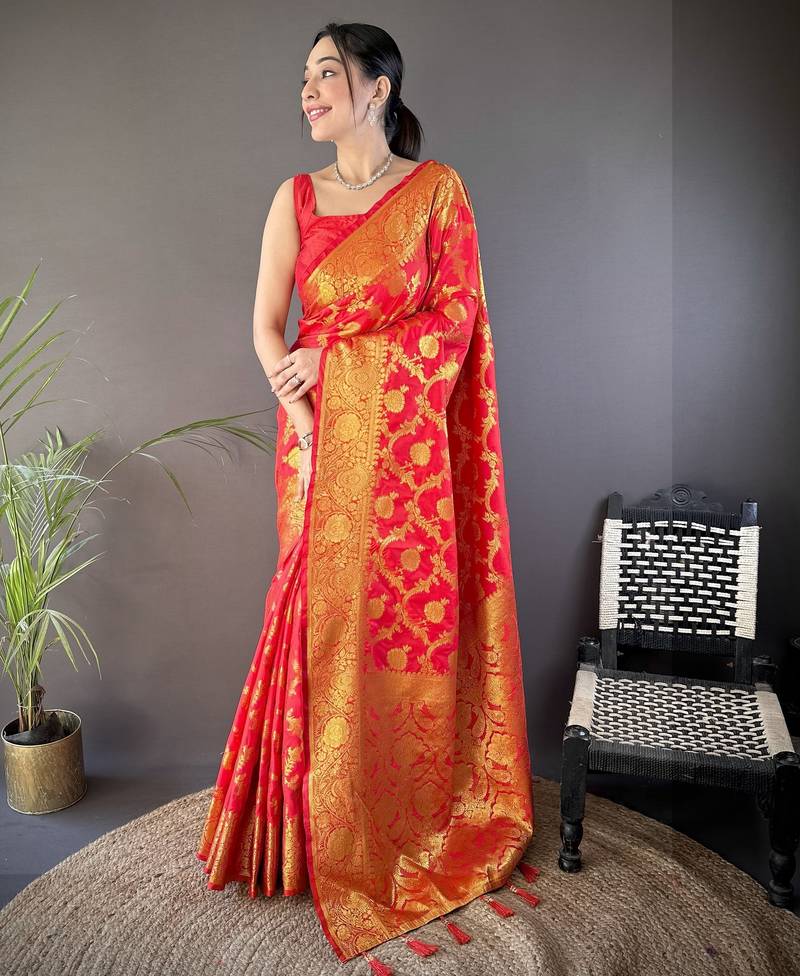 Red floral, zari woven banarasi silk saree with blouse