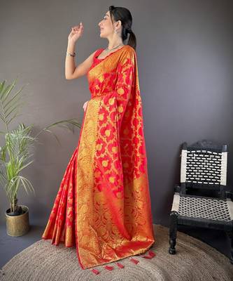 Red floral zari woven banarasi silk blend saree with blouse 3