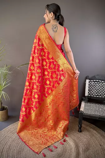 Red floral, zari woven banarasi silk saree with blouse