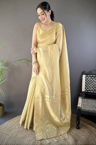 Beige striped, zari woven cotton saree with blouse