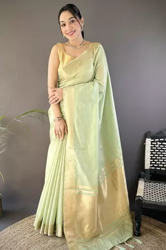 Light green striped, zari woven cotton saree with blouse