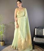 Light green striped, zari woven cotton saree with blouse