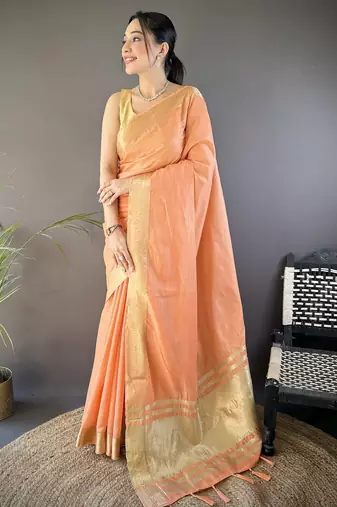 Orange striped, zari woven cotton saree with blouse