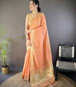 Orange striped, zari woven cotton saree with blouse