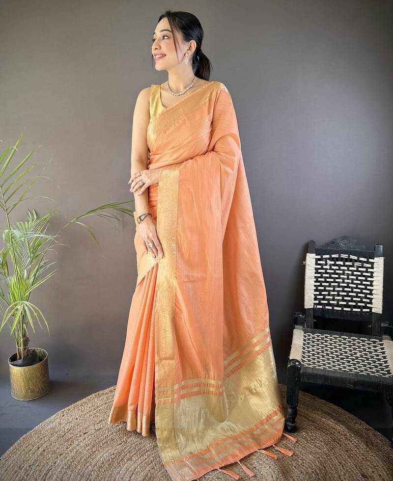 Orange striped, zari woven cotton saree with blouse