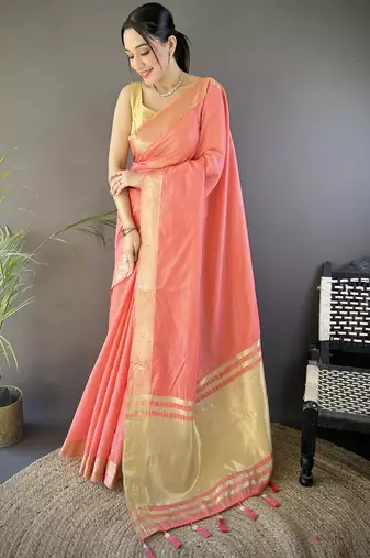 Peach striped, zari woven cotton saree with blouse