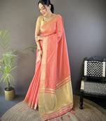 Peach striped, zari woven cotton saree with blouse