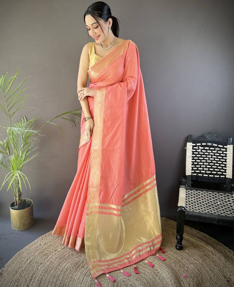 Peach striped, zari woven cotton saree with blouse