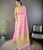 Pink striped, zari woven cotton saree with blouse