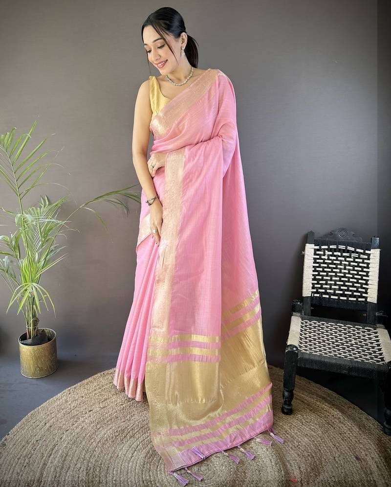 Pink striped, zari woven cotton saree with blouse