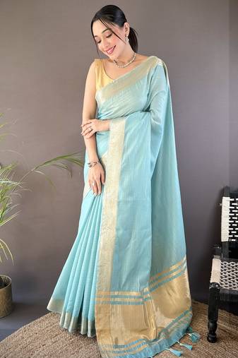 Sky blue striped, zari woven cotton saree with blouse