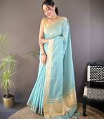 Sky blue striped, zari woven cotton saree with blouse